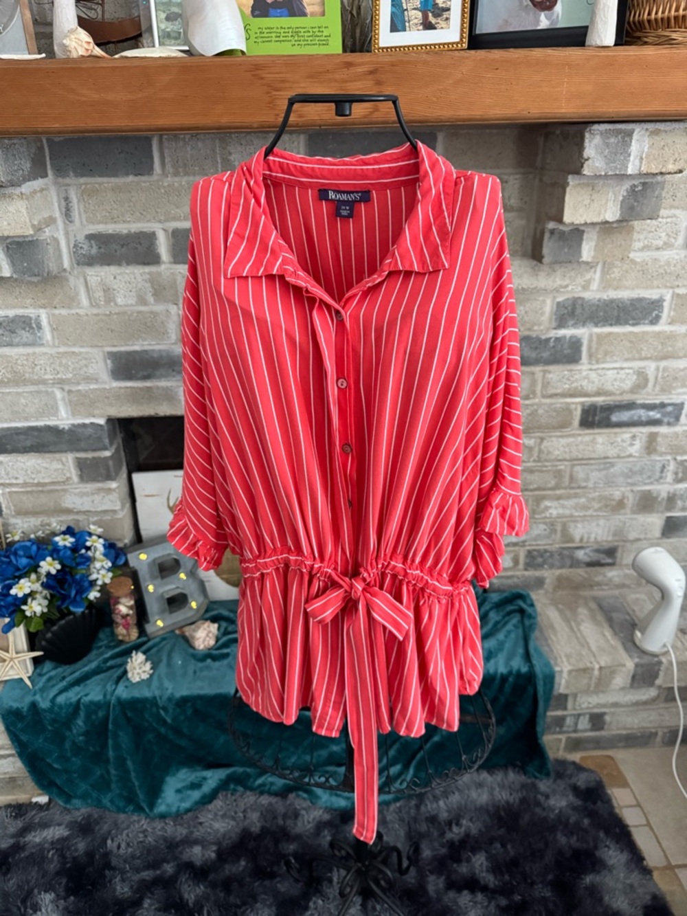 Roaman's Striped Button-Down Tie-Waist Blouse